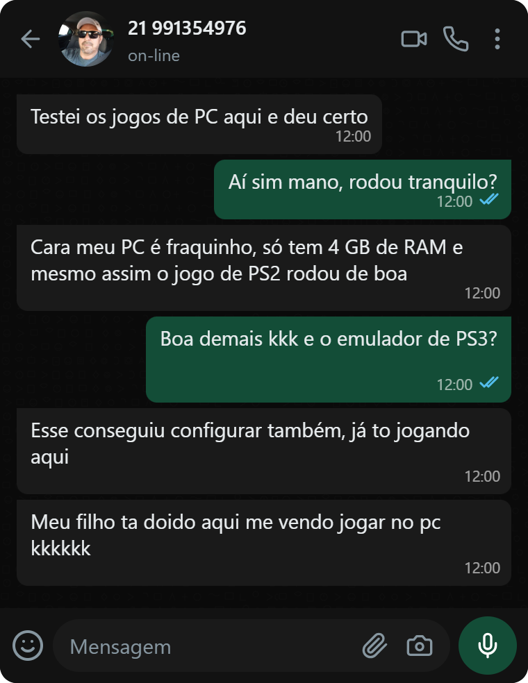 Print de conversa no WhatsApp de cliente testando os jogos de PC e os emuladores de PS2 e PS3