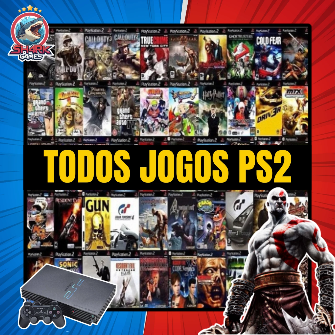 Arte promocional do pacote com todos os jogos de PS2 para PC, com console PlayStation 2 e várias capas de jogos