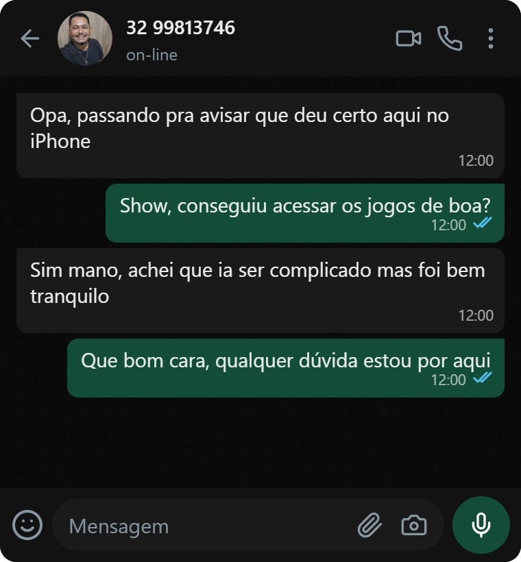Print de conversa no WhatsApp de cliente avisando que deu certo no iPhone